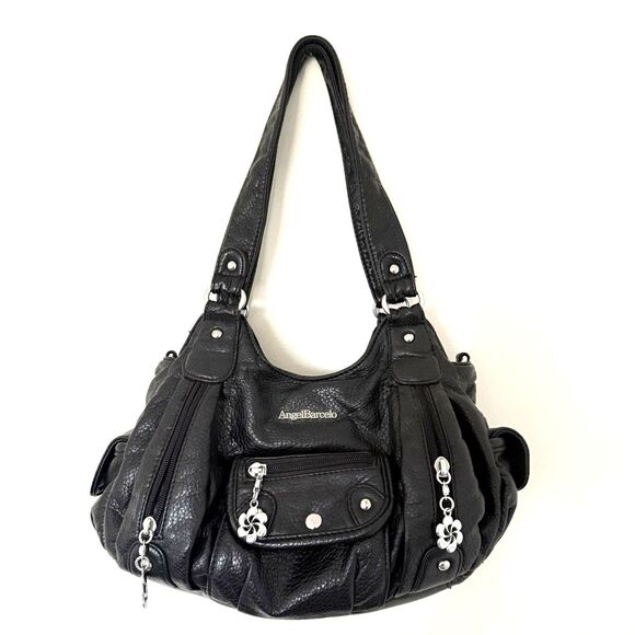 Angel Barcelo Black PU Leather Hobo Tote Shoulder Handbag Multi Pockets No Strap - Picture 2 of 14